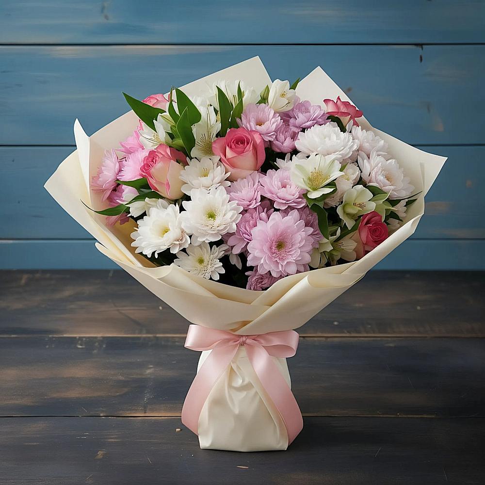 Букет цветов из: Хризантемы, Альстромерии и Розы в Красном Балтийце